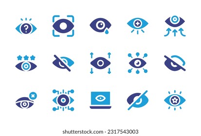 Eye icon set. Duotone color. Vector illustration. Containing eye, eye scanner, tear, eye test, quality control, hide, data visualization, off, blind, vision.