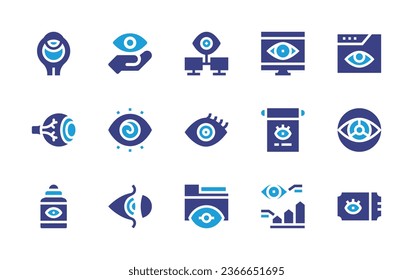 Eye icon set. Duotone color. Vector illustration. Containing eye, eye balls, research, vision, monitoring, analytics, hypnosis, eyelash, scroll, eye contour, ticket, contact lens, views.
