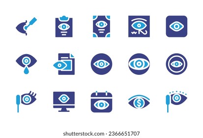 Conjunto de iconos oculares. Color de duotona. Ilustración vectorial. Conteniendo cirugía láser, visible, reporte, documento, jeroglífico, ojo, vista, enfoque, visión, mascara, llanto, proyecto, computadora.