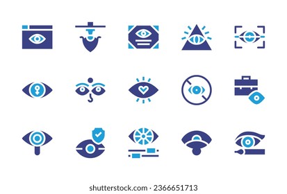 Eye icon set. Duotone color. Vector illustration. Containing spyware, feminism, show, laser surgery, optometry, briefcase, buddhism, view, cao dai, blind, visibility, eyeliner, prevention.