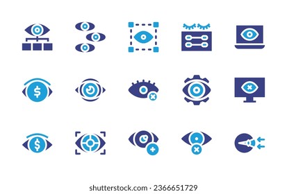 Eye icon set. Duotone color. Vector illustration. Containing visual, eyelashes, research, organization, viewer, sight, money, not visible, monitor, blind, refraction, vision, hyperopia.