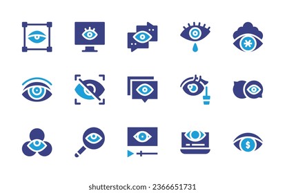 Conjunto de iconos oculares. Color de duotona. Ilustración vectorial. Conteniendo revisión, llanto, contraseña, vista, sistema, visor, video, delineador ocular, testigo, computadora, visión, hipnoterapia, corporativo, visión.