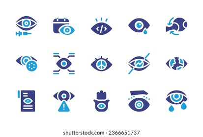 Eye icon set. Duotone color. Vector illustration. Containing tear, eye, infection, injection, contact lens, insight, view, peace, data leak, monitored, hamsa, cry, blepharoplasty.