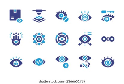 Eye icon set. Duotone color. Vector illustration. Containing vision, hypnosis, view, blind, eye, contact lens, hamsa, star of david, coin, package, eyelashes, laser, look.