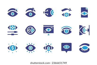 Eye icon set. Duotone color. Vector illustration. Containing ring, vision, eyeball, visibility, preview, eyebrow, microsurgery, time management, visionary, view, visualize, eyelashes.