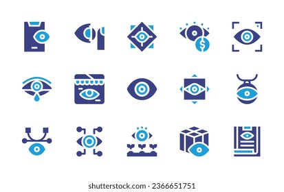 Conjunto de iconos oculares. Color de duotona. Ilustración vectorial. Conteniendo foco, lente de contacto, filosofía, moneda, seguridad, rastreo, llanto, vector, amuleto, compras en línea, visible, historia médica, visión.