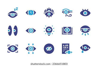 Conjunto de iconos oculares. Color de duotona. Ilustración vectorial. Conteniendo somnolencia, ojos, ojo, visionario, ojos rojos, visión, ojo de ra, libro, prueba, conjuntivitis.