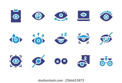 Eye icon set. Duotone color. Vector illustration. Containing eye massage, drowsiness, vision, scan, close eyes, exam, ecology, disease, visualize, googly eyes, test, target, prohibition.