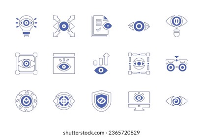 Eye icon set. Duotone style line stroke and bold. Vector illustration. Containing red eyes, eye recognition, eye scanner, eye test, audit, vision, point of view, page, monitoring, fatigue, blindness.