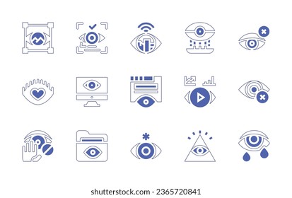 Eye icon set. Duotone style line stroke and bold. Vector illustration. Containing vision, retina, smart city, blind, love, view, monitoring, no touch, folder, metis, god, cry.