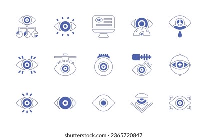 Augensymbol eingestellt. Duotone Stil Linie Strich und fett. Vektorgrafik. Visualisierung von Augen, Daten, Sicht, ärztliche Verschreibung, bionisches Auge, Augenoperation, Sichtbarkeit, Sehvermögen, Mascara.