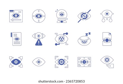 Augensymbol eingestellt. Duotone Stil Linie Strich und fett. Vektorgrafik. Enthält Zuschauer, Objektiv, Kristallkugel, Datenleck, überwacht, Cybersicherheit, Blind, Spyware, Schläfrigkeit, Vorschau, Ansicht.