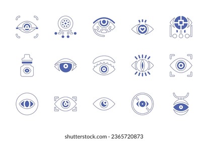 Augensymbol eingestellt. Duotone Stil Linie Strich und fett. Vektorgrafik. Scannen, Tropfen, Cyber, Auge, rotes Auge, bionisch, Sicht, sichtbar, blind, amulet.