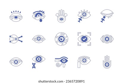 Conjunto de iconos oculares. Curso de línea de estilo duotónico y negrita. Ilustración vectorial. Conteniendo ojos, ojos acuosos, hamsa, visibilidad, visión, sombra, bola, ojo de ra, ojos rojos.