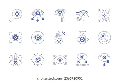 Eye icon set. Duotone style line stroke and bold. Vector illustration. Containing eye of ra, scan, nano surgery, ball, eyeliner, hand, search, supervision, focus, view, reflective, crying.