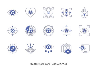 Eye icon set. Duotone style line stroke and bold. Vector illustration. Containing eye, blindness, monitoring, focus, hamsa, vision, eyeball, surgery, tear, philosophy, tracing, preview.