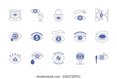 Eye icon set. Duotone style line stroke and bold. Vector illustration. Containing spy, wine, hamsa, tears, money, eyebrow, microsurgery, time management, eyelashes, vision, cry, blind, mascara.