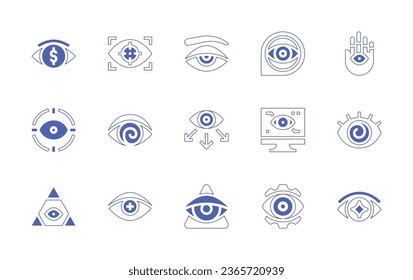 Eye icon set. Duotone style line stroke and bold. Vector illustration. Containing money, vision, appearance, visual, hamsa, hallucination, supervision, god, ophtalmology, prediction, computer.
