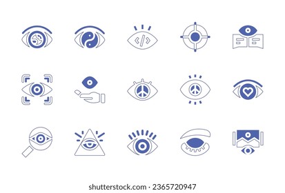 Eye icon set. Duotone style line stroke and bold. Vector illustration. Containing eye, focus, eyewitness, vision, look, view, peace, observation, entertainment, eyelash.