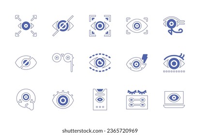 Eye icon set. Duotone style line stroke and bold. Vector illustration. Containing eye, eye of ra, red eye, visual, blindness, hide, binoculars, eyelashes, research, viewers, eyeball, witness.