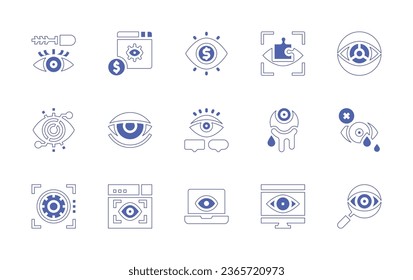 Conjunto de iconos oculares. Curso de línea de estilo duotónico y negrita. Ilustración vectorial. Conteniendo mascara de ojos, cpv, visión, análisis, escaneo de ojos, somnolencia, espía, atractivo, globo ocular, llanto, monitoreo, detective.