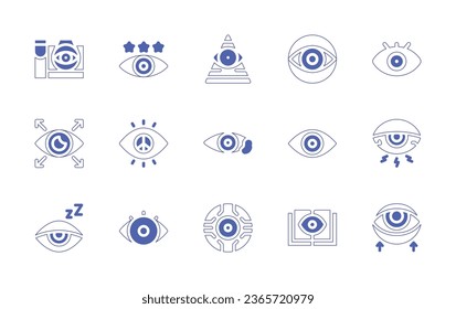 Eye icon set. Duotone style line stroke and bold. Vector illustration. Containing cyber security, eye, red eye, thought camera, view, quality control, occult, peace, disease, sleepy, bionic eye, book.