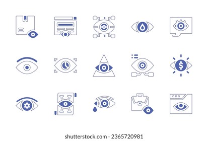 Eye icon set. Duotone style line stroke and bold. Vector illustration. Containing package, eye, monitoring, cyborg, god, appearance, testimony, visualization, astute, vision, cry, briefcase, research.