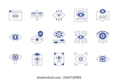 Eye icon set. Duotone style line stroke and bold. Vector illustration. Containing engineering, teardrop, spyware, feminism, buddhism, view, prevention, color adjustment, hieroglyph, views, vision.