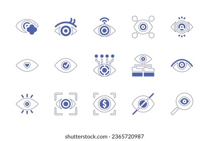 Eye icon set. Duotone style line stroke and bold. Vector illustration. Containing eye, artificial intelligence, vision, monitoring, view, not visible, insight.