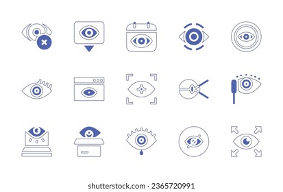 Augensymbol eingestellt. Duotone Stil Linie Strich und fett. Vektorgrafik. Mit Augen, Fokus, blind, Augen, Identifikation, Sehen, Scheck, Tränen, Mascara, Ansicht, Augenwimpern, Privatsphäre.