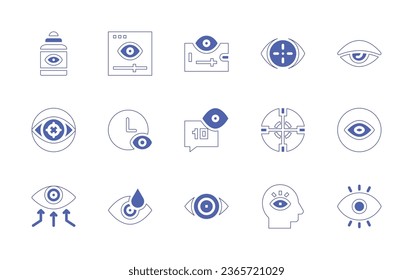 Eye icon set. Duotone style line stroke and bold. Vector illustration. Containing eye, laser surgery, show, eye contour, view, smartphone, vision, eye drops, red eyes, human, eyes.