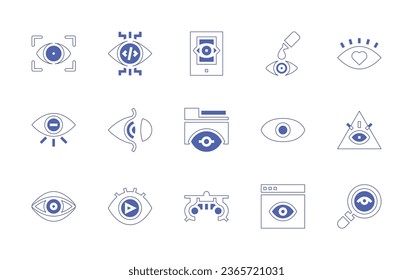 Eye icon set. Duotone style line stroke and bold. Vector illustration. Containing eye, in love, show, pyramid, eye scan, eyes, view, confidentiality, contact lens, views, trial frame, detective.
