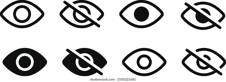 Eye icon set. Eyesight symbol. Retina scan eye icons. Simple no view eyes collection. stock vector.