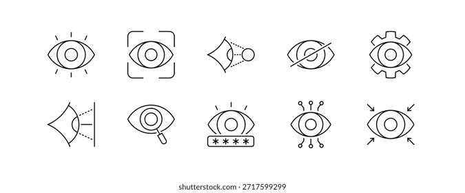 Conjunto de iconos de ojos con símbolos de visión, enfoque y seguridad en estilo de línea con trazos editables