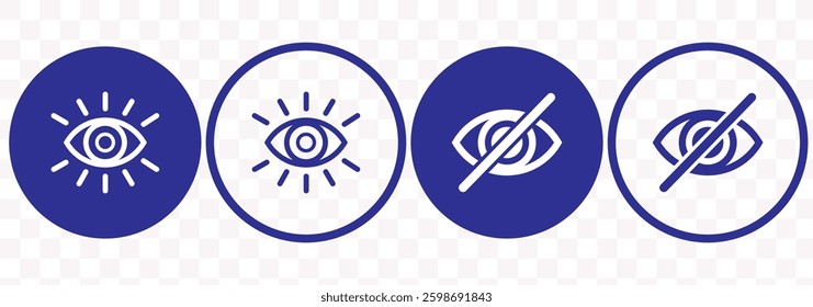 Eye icon set. Hidden icon, visible Invisible icon. Look and Vision Hide Unhide symbol. human eye, magic Eye cross symbol. sencitive content See unsee incognito mood blind sign.