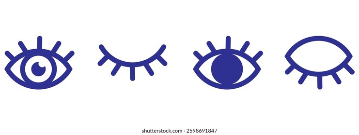 Eye icon set. Hidden icon, visible Invisible icon. Look and Vision Hide Unhide symbol. human eye, magic Eye cross symbol. sencitive content See unsee incognito mood blind sign.