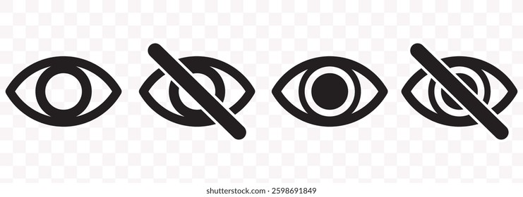 Eye icon set. Hidden icon, visible Invisible icon. Look and Vision Hide Unhide symbol. human eye, magic Eye cross symbol. sencitive content See unsee incognito mood blind sign.