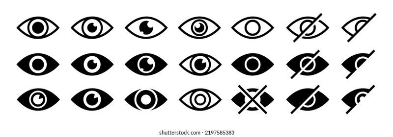 Eye icon set. Look and vision outline symbols. Open and close eye icons isolated on white background. Vector illustration.