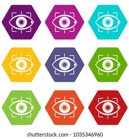 Eye icon set many color hexahedron isolated on white vector illustration
