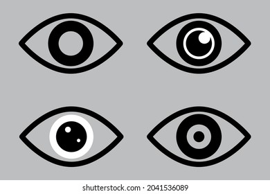 Eye icon set on gray background. Medicine ophthalmology sign. Vision test symbol. Vector illustration. Stock image.