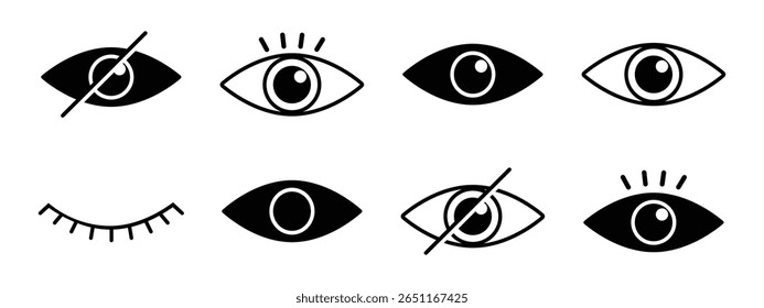 Eye icon set preview visibility sign symbol eyesight retina view vision hide invisible icons vector buttons