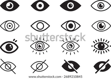 Eye icon set, seen and unseen eye icon bundle, vision and visibility symbols Silhouette Vector and illustration
