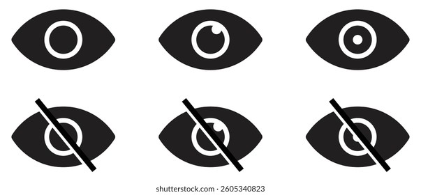 Eye icon set showing open and hidden views with solid shapes and diagonal strike variations.