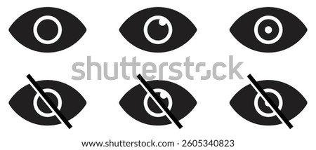 Eye icon set showing open and hidden views with solid shapes and diagonal strike variations.