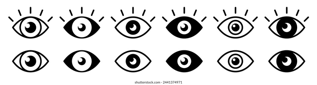 Eye icon set. Silhouette and linear style. Vector illustration.