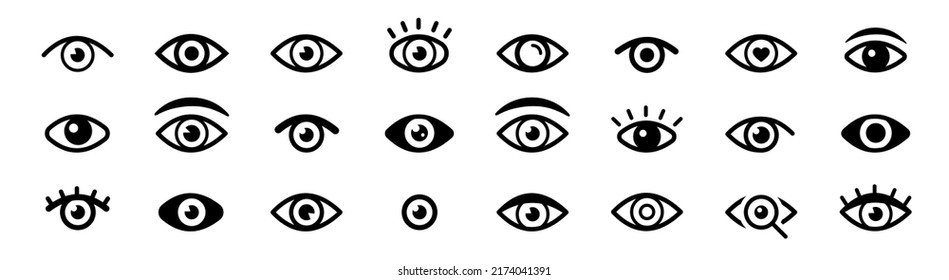 Eye icon set. Simple eye icon vector. Eye silhouette. Magnifier with eye outline icon set. Eyesight symbol. Vector illustration