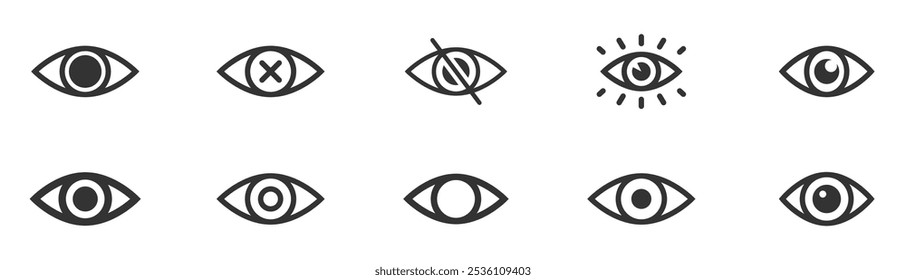 Eye icon set. Simple eye icon, vision symbol, eye, view. Retina scan eye icons. Show password and hidden password. Eyesight symbol. Editable stroke. Vector illustration