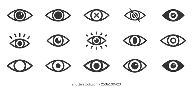 Eye icon set. Simple eye icon, vision symbol, eye, view. Retina scan eye icons. Show password and hidden password. Eyesight symbol. Editable stroke. Vector illustration