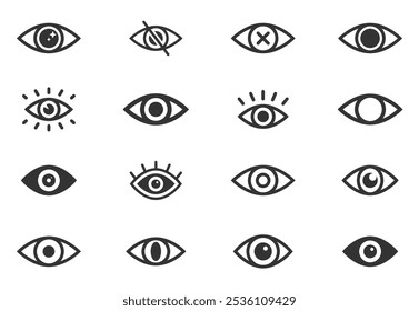Eye icon set. Simple eye icon, vision symbol, eye, view. Retina scan eye icons. Show password and hidden password. Eyesight symbol. Editable stroke. Vector illustration