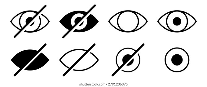 Eye Icon Set Vector Collection. Visibility and Hidden Eye Icon Set. Hide and Show Password Icons. See and Unsee Eye Icon Set. Vector illustration